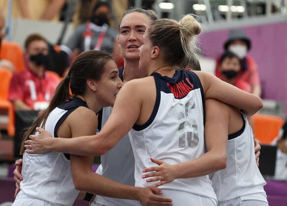 TOKYO, JAPAN - JULY 24, 2021: ROC Team s players are in action in the women s 3x3 basketball pool round match against Japan during the 2020 Summer Olympic Games, Olympische Spiele, Olympia, OS at Aomi Urban Sports Park. Stanislav Krasilnikov TASS  TS1091C0