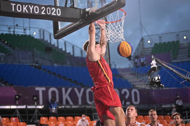 Belgian Thibaut Vervoort and dunks during a 3x3 basketball game between Belgium and Latvia, in the men s pool round on the second day of the Tokyo 2020 Olympic Games, Olympische Spiele, Olympia, OS in Tokyo, Japan on Saturday 24 July 2021. The postponed 2020 Summer Olympics are taking place from 23 July to 8 August 2021. DIRKxWAEM  x3044438x