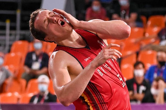 Belgian Nick Celis and reacts during a 3x3 basketball game between Belgium and Latvia, in the men s pool round on the second day of the Tokyo 2020 Olympic Games, Olympische Spiele, Olympia, OS in Tokyo, Japan on Saturday 24 July 2021. The postponed 2020 Summer Olympics are taking place from 23 July to 8 August 2021. DIRKxWAEM  x3044448x