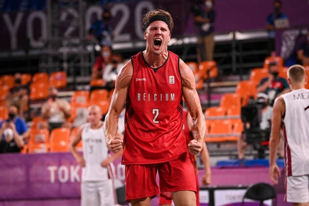 Belgian Thibaut Vervoort and celebrates after winning a 3x3 basketball game between Belgium and Latvia, in the men s pool round on the second day of the Tokyo 2020 Olympic Games, Olympische Spiele, Olympia, OS in Tokyo, Japan on Saturday 24 July 2021. The postponed 2020 Summer Olympics are taking place from 23 July to 8 August 2021. DIRKxWAEM  x3044463x