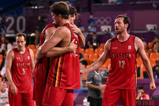 Belgian basket 3x3 player Nick Celis, Belgian basket 3x3 player Rafael Bogaerts, Belgian basket 3x3 player Thibaut Vervoort and Belgian basket 3x3 player Thierry Marien celebrate after winning a 3x3 basketball game between Belgium and Latvia, in the men s pool round on the second day of the Tokyo 2020 Olympic Games, Olympische Spiele, Olympia, OS in Tokyo, Japan on Saturday 24 July 2021. The postponed 2020 Summer Olympics are taking place from 23 July to 8 August 2021. DIRKxWAEM  x3044589x