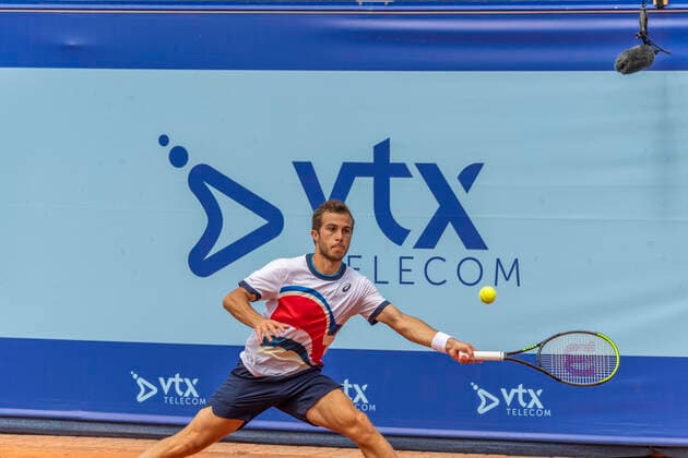 Switzerland: Semi-final of the Gstaad Swiss Open ATP, Tennis Herren Tour 250 Series tournament Gstaad Switzerland, 07 24 2021: Hugo Gaston of France is in action during the Gstaad Swiss Open ATP Tour 250 Series 2021 tournament final Gstaad Roy Emerson Arena Switzerland Canton of Bern Copyright: EricxDubost