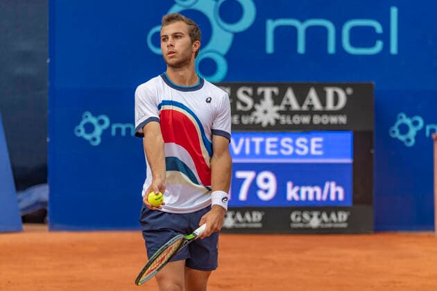 Switzerland: Semi-final of the Gstaad Swiss Open ATP, Tennis Herren Tour 250 Series tournament Gstaad Switzerland, 07 24 2021: Hugo Gaston of France is in action during the Gstaad Swiss Open ATP Tour 250 Series 2021 tournament final Gstaad Roy Emerson Arena Switzerland Canton of Bern Copyright: EricxDubost