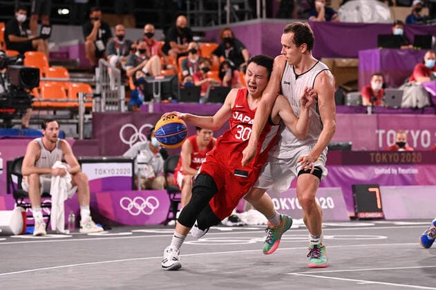 Japanese Keisei Tominaga and Belgian Nick Celis fight for the ball during a 3x3 basketball game between Belgium and Japan, in the men s pool round on the second day of the Tokyo 2020 Olympic Games, Olympische Spiele, Olympia, OS in Tokyo, Japan on Saturday 24 July 2021. The postponed 2020 Summer Olympics are taking place from 23 July to 8 August 2021. DIRKxWAEM  x3044771x