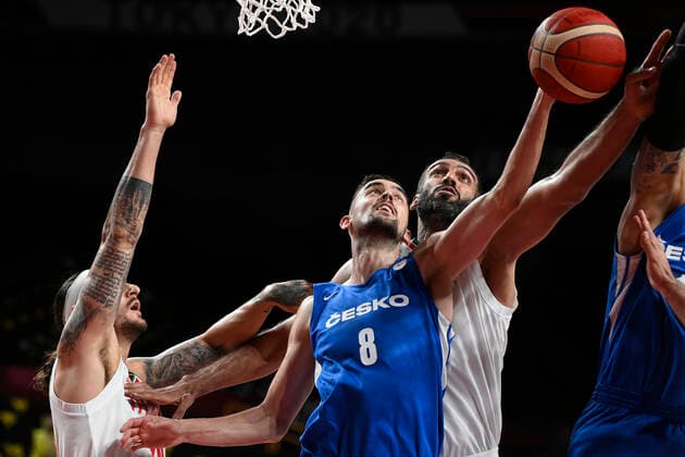 Tomas Satoransky (Czech; center) and Hamed Haddadi (Iran; right) in action during match Iran vs Czech republic in men s basketball group phase, within the Tokyo 2020 Summer Olympics, on July 25, 2021, in Saitama, Japan. (CTKxPhoto OndrejxDeml) CTKPhotoP2021072501950 