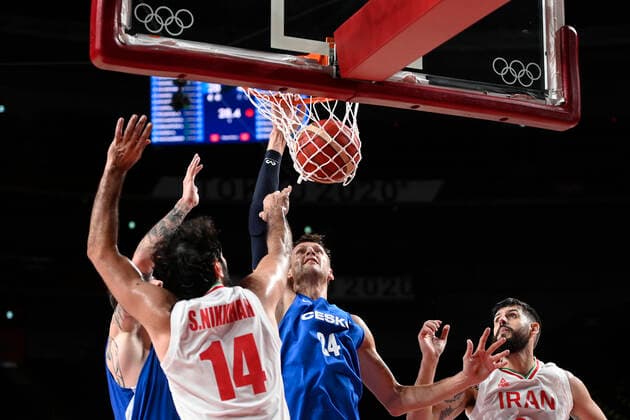 L-R Samad Nikkhah Bahrami (Iran), Jan Vesely (Czech) and Aaron Geramipoor (Iran) in action during match Iran vs Czech republic in men s basketball group phase, within the Tokyo 2020 Summer Olympics, on July 25, 2021, in Saitama, Japan. (CTKxPhoto OndrejxDeml) CTKPhotoP2021072503039 