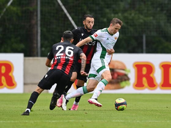 Football, Men, 2021 2022 season, Test match in Imst Austria , 1 FC Union Berlin OGC Nice, v l Lucas Da Cunha OGC Nice , Gouiri Amine OGC Nice , Paul Jaeckel 1 FC Union Berlin , 24 07 2021, Copyright: xMatthiasxKochx