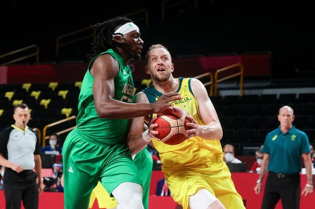 TOKYO, JAPAN - JULY 25: Precious Achiuwa of Team Nigeria blocks Joe Ingles of Team Australia during the Men s Basketball preliminary Round Group B - Match 3 between Australia and Nigeria on Day 2 of the Tokyo 2020 Olympic Games, Olympische Spiele, Olympia, OS at Saitama Super Arena on July 25, 2021 in Tokyo, Japan. (Photo by Pete Dovgan Speed Media Icon Sportswire) OLYMPICS: JUL 25 Olympics Tokyo 2020 Icon2107250044