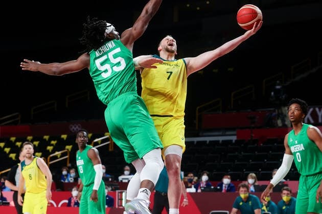 TOKYO, JAPAN - JULY 25: Joe Ingles of Team Australia goes for a shot during the Men s Basketball preliminary Round Group B - Match 3 between Australia and Nigeria on Day 2 of the Tokyo 2020 Olympic Games, Olympische Spiele, Olympia, OS at Saitama Super Arena on July 25, 2021 in Tokyo, Japan. (Photo by Pete Dovgan Speed Media Icon Sportswire) OLYMPICS: JUL 25 Olympics Tokyo 2020 Icon2107250046
