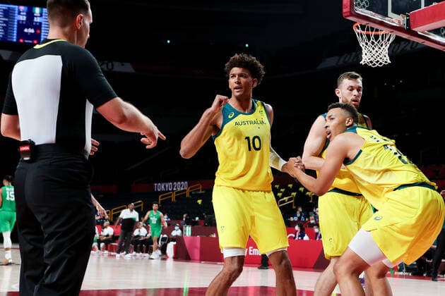 TOKYO, JAPAN - JULY 25: Matisse Thybulle of Team Australia talks to the referee during the Men s Basketball preliminary Round Group B - Match 3 between Australia and Nigeria on Day 2 of the Tokyo 2020 Olympic Games, Olympische Spiele, Olympia, OS at Saitama Super Arena on July 25, 2021 in Tokyo, Japan. (Photo by Pete Dovgan Speed Media Icon Sportswire) OLYMPICS: JUL 25 Olympics Tokyo 2020 Icon2107250053