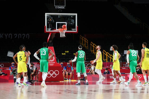 TOKYO, JAPAN - JULY 25: Josh Okogie of Team Nigeria throws a free throw during the Men s Basketball preliminary Round Group B - Match 3 between Australia and Nigeria on Day 2 of the Tokyo 2020 Olympic Games, Olympische Spiele, Olympia, OS at Saitama Super Arena on July 25, 2021 in Tokyo, Japan. (Photo by Pete Dovgan Speed Media Icon Sportswire) OLYMPICS: JUL 25 Olympics Tokyo 2020 Icon2107250055