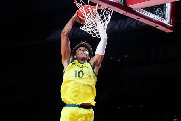 TOKYO, JAPAN - JULY 25: Matisse Thybulle of Team Australia slam dunks during the Men s Basketball preliminary Round Group B - Match 3 between Australia and Nigeria on Day 2 of the Tokyo 2020 Olympic Games, Olympische Spiele, Olympia, OS at Saitama Super Arena on July 25, 2021 in Tokyo, Japan. (Photo by Pete Dovgan Speed Media Icon Sportswire) OLYMPICS: JUL 25 Olympics Tokyo 2020 Icon2107250059