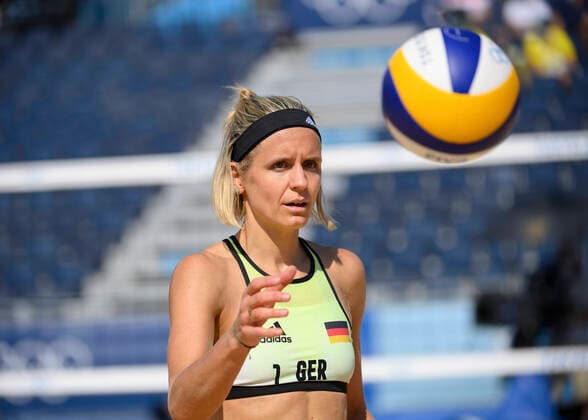 Laura LUDWIG GER , single action with ball, action, beach volleyball women, preliminary round, Tanja HUBERLI Hueberli, Hüberli Nina BETSCHART SUI Laura LUDWIG Margareta KOZUCH GER 2 1 at Shiokaze Park, on 24 07 2021 Summer Olympics 2020, from 23 07 08 2021 in Tokyo Japan