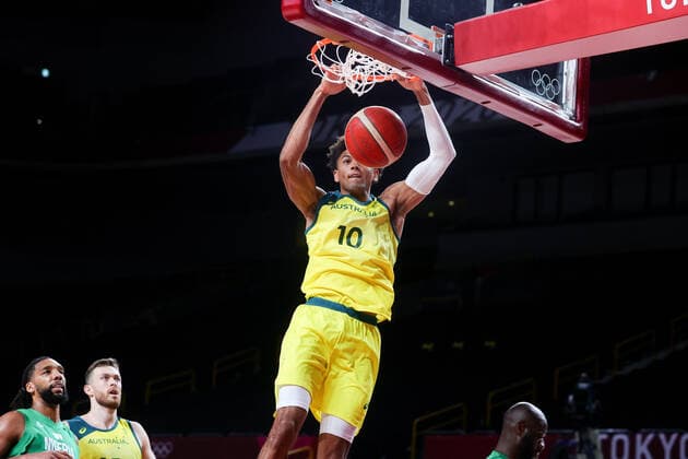 TOKYO, JAPAN - JULY 25: Matisse Thybulle of Team Australia slam dunks during the Men s Basketball preliminary Round Group B - Match 3 between Australia and Nigeria on Day 2 of the Tokyo 2020 Olympic Games, Olympische Spiele, Olympia, OS at Saitama Super Arena on July 25, 2021 in Tokyo, Japan. (Photo by Pete Dovgan Speed Media Icon Sportswire) OLYMPICS: JUL 25 Olympics Tokyo 2020 Icon2107250061