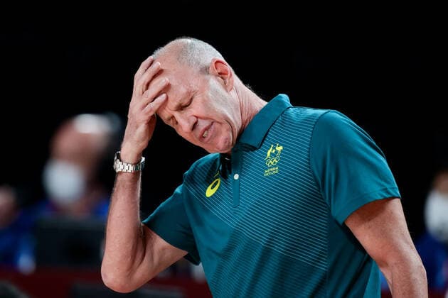 TOKYO, JAPAN - JULY 25: Head Coach Brian Goorjian of Team Australia during the Men s Basketball preliminary Round Group B - Match 3 between Australia and Nigeria on Day 2 of the Tokyo 2020 Olympic Games, Olympische Spiele, Olympia, OS at Saitama Super Arena on July 25, 2021 in Tokyo, Japan. (Photo by Pete Dovgan Speed Media Icon Sportswire) OLYMPICS: JUL 25 Olympics Tokyo 2020 Icon2107250088