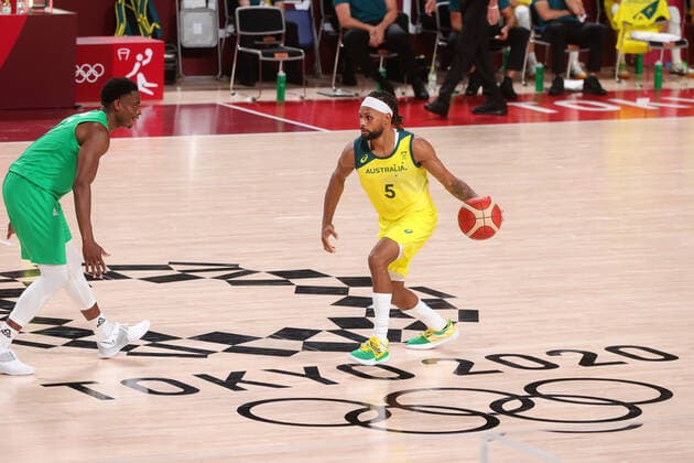 TOKYO, JAPAN - JULY 25: Patty Mills of Team Australia controls the ball during the Men s Basketball preliminary Round Group B - Match 3 between Australia and Nigeria on Day 2 of the Tokyo 2020 Olympic Games, Olympische Spiele, Olympia, OS at Saitama Super Arena on July 25, 2021 in Tokyo, Japan. (Photo by Pete Dovgan Speed Media Icon Sportswire) OLYMPICS: JUL 25 Olympics Tokyo 2020 Icon2107250119