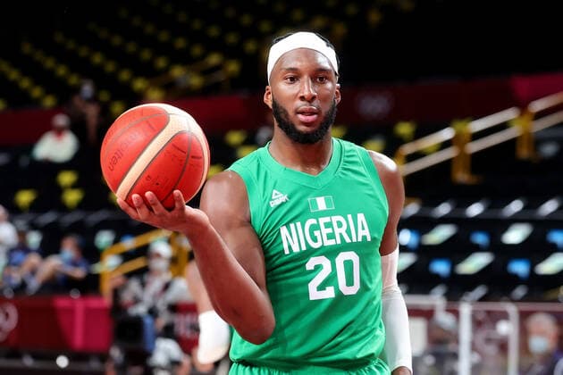 TOKYO, JAPAN - JULY 25: Josh Okogie of Team Nigeria hold the ball during the Men s Basketball preliminary Round Group B - Match 3 between Australia and Nigeria on Day 2 of the Tokyo 2020 Olympic Games, Olympische Spiele, Olympia, OS at Saitama Super Arena on July 25, 2021 in Tokyo, Japan. (Photo by Pete Dovgan Speed Media Icon Sportswire) OLYMPICS: JUL 25 Olympics Tokyo 2020 Icon2107250147