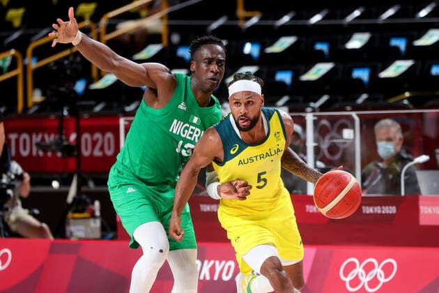 TOKYO, JAPAN - JULY 25: Patty Mills of Team Australia attacks during the Men s Basketball preliminary Round Group B - Match 3 between Australia and Nigeria on Day 2 of the Tokyo 2020 Olympic Games, Olympische Spiele, Olympia, OS at Saitama Super Arena on July 25, 2021 in Tokyo, Japan. (Photo by Pete Dovgan Speed Media Icon Sportswire) OLYMPICS: JUL 25 Olympics Tokyo 2020 Icon2107250148