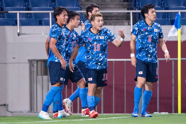 Japan team (JPN), celebrating the 1-0 score Footaball, Japan vs Mexico Group A JULY 25, 2021: Tokyo 2020 Olympic Games, Olympische Spiele, Olympia, OS at Saitama Stadium, Japan. Noxthirdxpartyxsales  (165428105)