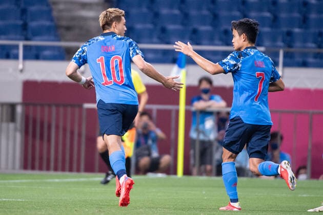 (L-R) DOAN Ritsu, KUBO Takefusa (JPN), celebrating the 2-0 penalty score Footaball, Japan vs Mexico Group A JULY 25, 2021: Tokyo 2020 Olympic Games, Olympische Spiele, Olympia, OS at Saitama Stadium, Japan. Noxthirdxpartyxsales  (165428170)