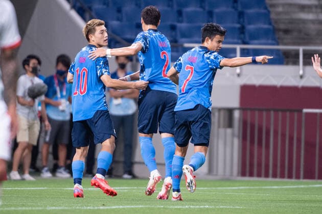 Japan team (JPN), celebrating the 2-0 score Footaball, Japan vs Mexico Group A JULY 25, 2021: Tokyo 2020 Olympic Games, Olympische Spiele, Olympia, OS at Saitama Stadium, Japan. Noxthirdxpartyxsales  (165428214)