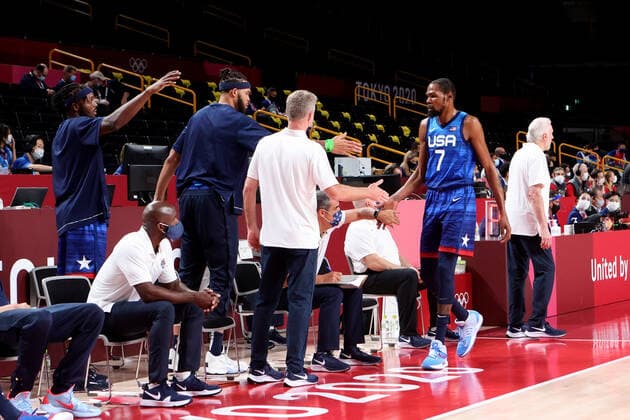 TOKYO, JAPAN - JULY 25: Kevin Durant of Team United States at the bench during the Men s Basketball Preliminary Round Group A - Match 4 between France and USA on Day 2 of the Tokyo 2020 Olympic Games, Olympische Spiele, Olympia, OS at Saitama Super Arena on July 25, 2021 in Tokyo, Japan. (Photo by Pete Dovgan Speed Media Icon Sportswire) OLYMPICS: JUL 25 Olympics Tokyo 2020 Icon2107250209