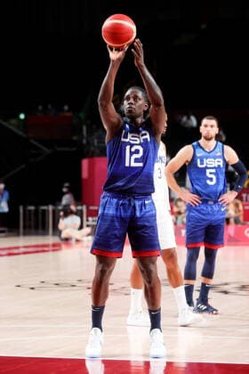 TOKYO, JAPAN - JULY 25: Jrue Holiday of Team United States takes a shot during the Men s Basketball Preliminary Round Group A - Match 4 between France and USA on Day 2 of the Tokyo 2020 Olympic Games, Olympische Spiele, Olympia, OS at Saitama Super Arena on July 25, 2021 in Tokyo, Japan. (Photo by Pete Dovgan Speed Media Icon Sportswire) OLYMPICS: JUL 25 Olympics Tokyo 2020 Icon2107250285