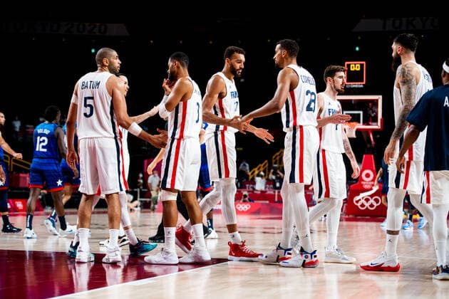 210725 Nicolas Batum, Timothe Luwawu Kongbo, Vincent Poirier and Petr Cornelie of France after the basketball game between France and USA during day 2 of the Tokyo 2020 Olympic Games on July 25, 2021 in Tokyo Photo Jon Olav Nesvold BILDBYRAN COP 217 JE0005 basketball basketball olympic games olympics os ol olympic games olympic games tokyo2020 tokyo 2020 tokyo os tokyo ol bbeng france france usa united states,  Copyright: JONxOLAVxNESVOLD BB210725JE049