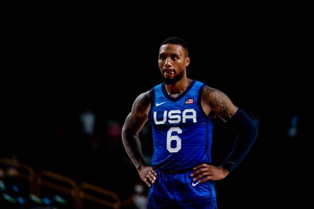 210725 Damian Lillard of USA competes in the basketball game between France and USA during day 2 of the Tokyo 2020 Olympic Games on July 25, 2021 in Tokyo Photo Jon Olav Nesvold BILDBYRAN COP 217 JE0005 basketball basketball olympic games olympics os ol olympiska spel olympiske leker tokyo2020 tokyo 2020 tokyo os tokyo ol bbeng france france usa united states,  Copyright: JONxOLAVxNESVOLD BB210725JE052