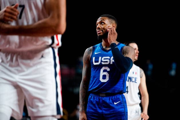 210725 Damian Lillard of USA looks dejecte in the basketball game between France and USA during day 2 of the Tokyo 2020 Olympic Games on July 25, 2021 in Tokyo Photo Jon Olav Nesvold BILDBYRAN COP 217 JE0005 basketball basketball olympic games olympics os ol olympiska spel olympiske leker tokyo2020 tokyo 2020 tokyo os tokyo ol bbeng france france usa united states depp,  Copyright: JONxOLAVxNESVOLD BB210725JE054