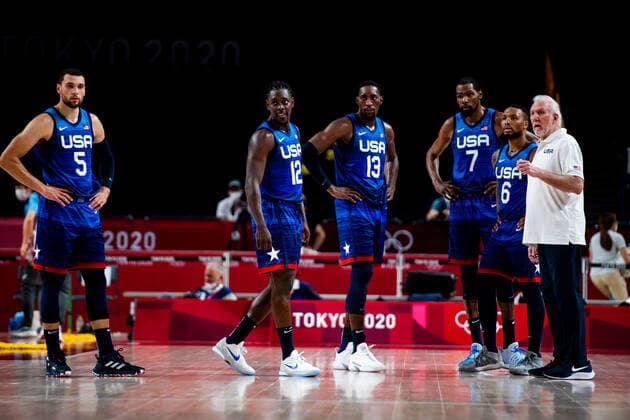 210725 Zachary Lavine, Jrue Holiday, Edrice Femi Adebayo, Kevin Wayne Durant, Damian Lillard and Gregg Popovich, head coach of USA, in the basketball game between France and USA during day 2 of the Tokyo 2020 Olympic Games on July 25, 2021 in Tokyo Photo Jon Olav Nesvold BILDBYRAN COP 217 JE0005 basketball basketball olympic games olympics os ol olympiska spel olympiske leker tokyo2020 tokyo 2020 tokyo os tokyo ol bbeng france france france usa united states,  Copyright: JONxOLAVxNESVOLD BB210725JE059