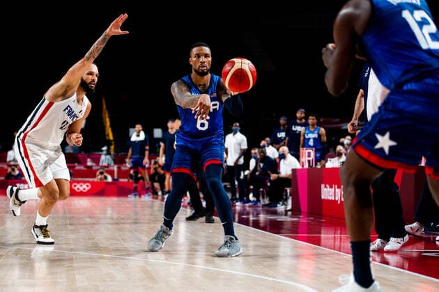 210725 Damian Lillard of USA competes in the basketball game between France and USA during day 2 of the Tokyo 2020 Olympic Games on July 25, 2021 in Tokyo Photo Jon Olav Nesvold BILDBYRAN COP 217 JE0005 basketball basketball olympic games olympics os ol olympiska spel olympiske leker tokyo2020 tokyo 2020 tokyo os tokyo ol bbeng france france usa united states,  Copyright: JONxOLAVxNESVOLD BB210725JE066