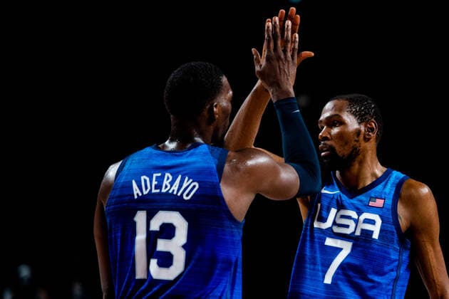 210725 Edrice Femi Adebayo and Kevin Wayne Durant of USA celebrate in the basketball game between France and USA during day 2 of the Tokyo 2020 Olympic Games on July 25, 2021 in Tokyo Photo Jon Olav Nesvold BILDBYRAN COP 217 JE0005 basketball basketball olympic games olympics os ol olympic games olympic games tokyo2020 tokyo 2020 tokyo os tokyo ol bbeng france france usa united states jubilation,  Copyright: JONxOLAVxNESVOLD BB210725JE085