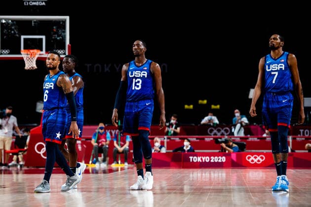 210725 Damian Lillard, Edrice Femi Adebayo and Kevin Wayne Durant of USA look dejected in the basketball game between France and USA during day 2 of the Tokyo 2020 Olympic Games on July 25, 2021 in Tokyo Photo Jon Olav Nesvold BILDBYRAN COP 217 JE0005 basketball basketball olympic games olympics os ol olympic games olympic games tokyo2020 tokyo 2020 tokyo os tokyo ol bbeng france france usa united states depp,  Copyright: JONxOLAVxNESVOLD BB210725JE099
