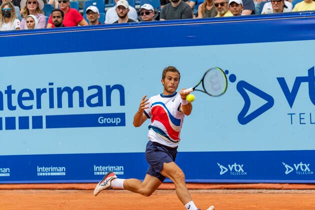 Switzerland: Casper Ruud wins the Gstaad Swiss Open ATP, Tennis Herren Tour 250 Series tournament Gstaad Switzerland, 07 25 2021: Hugo Gaston of France is in action during the Gstaad Swiss Open ATP Tour 250 Series 2021 tournament final Gstaad Roy Emerson Arena Switzerland Copyright: EricxDubost