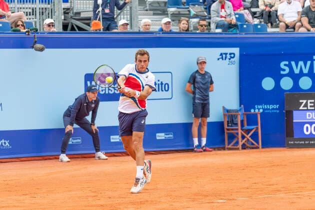 Switzerland: Casper Ruud wins the Gstaad Swiss Open ATP, Tennis Herren Tour 250 Series tournament Gstaad Switzerland, 07 25 2021: Hugo Gaston of France is in action during the Gstaad Swiss Open ATP Tour 250 Series 2021 tournament final Gstaad Roy Emerson Arena Switzerland Copyright: EricxDubost