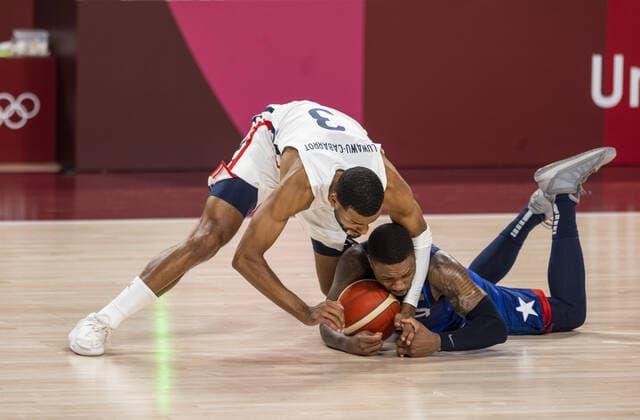 Tokyo Tokyo, 25 07 2021, Japan, Olympic Games LUWAWU KONGBO Timothe FRA , LILLARD Damian USA Basketball USA France Olympic Games, 2020 2021 Photo Moritz Müller Only for Editorial use