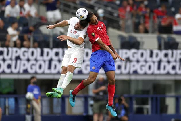 ARLINGTON, TX - JULY 25: Costa Rica midfielder Celso Borges (5) battles with Canada forward Lucas Cavallini (9) in action during the CONCACAF Gold Cup quarterfinals match between Canada and Costa Rica on July 25, 2021 at AT&T Stadium in Arlington, TX. (Photo by Robin Alam Icon Sportswire) SOCCER: JUL 25 Concacaf Gold Cup Quarterfinal - Costa Rica v Canada Icon164210724022