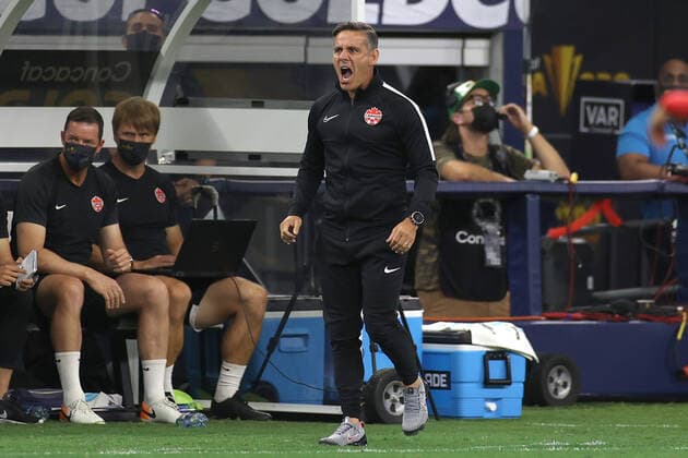 ARLINGTON, TX - JULY 25: Canada head coach John Herdman reacts to a play in action during the CONCACAF Gold Cup quarterfinals match between Canada and Costa Rica on July 25, 2021 at AT&T Stadium in Arlington, TX. (Photo by Robin Alam Icon Sportswire) SOCCER: JUL 25 Concacaf Gold Cup Quarterfinal - Costa Rica v Canada Icon164210724026