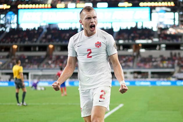 ARLINGTON, TX - JULY 25: Canada defender Alistair Johnston (2) celebrates with fans after Canada midfielder Stephen Eustaquio (7) scored a goal in action during the CONCACAF Gold Cup quarterfinals match between Canada and Costa Rica on July 25, 2021 at AT&T Stadium in Arlington, TX. (Photo by Robin Alam Icon Sportswire) SOCCER: JUL 25 Concacaf Gold Cup Quarterfinal - Costa Rica v Canada Icon164210724032