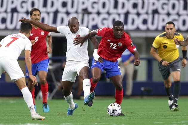 ARLINGTON, TX - JULY 25: Costa Rica forward Joel Campbell (12) battles with Canada defender Kamal Miller (4) in action during the CONCACAF Gold Cup quarterfinals match between Canada and Costa Rica on July 25, 2021 at AT&T Stadium in Arlington, TX. (Photo by Robin Alam Icon Sportswire) SOCCER: JUL 25 Concacaf Gold Cup Quarterfinal - Costa Rica v Canada Icon164210724015