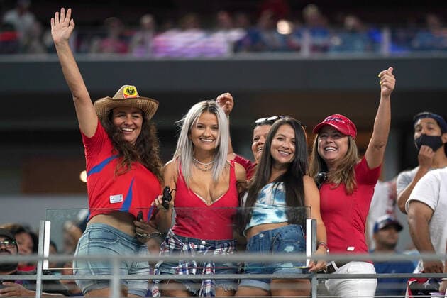 ARLINGTON, TX - JULY 25: Costa Rica fans pose for a photo in action during the CONCACAF Gold Cup quarterfinals match between Canada and Costa Rica on July 25, 2021 at AT&T Stadium in Arlington, TX. (Photo by Robin Alam Icon Sportswire) SOCCER: JUL 25 Concacaf Gold Cup Quarterfinal - Costa Rica v Canada Icon164210724035