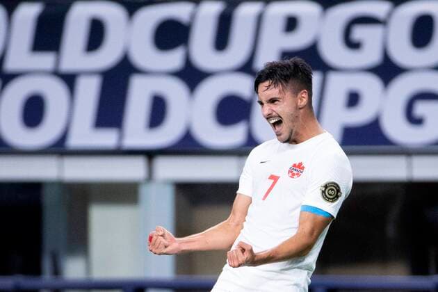 Stephen Eustaquio of Canada celebrates after scoring during the Gold Cup quarter finals soccer match betwen Costa Rica and Canada at AT&T stadium in Arlington, USA 25 July 2021. Costa Rica vs. Canada !ACHTUNG: NUR REDAKTIONELLE NUTZUNG!  Copyright: xCARLOSxRAMÍREZx AMDEP7935 20210726-c3965e84846fb1771b8c4cab5326c7e246e05c6d