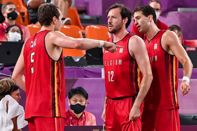 Belgian Nick Celis, Belgian Thierry Marien and Belgian Rafael Bogaerts fight for the ball during a Basket 3x3 game of the group stage (pool) between Belgium and The Netherlands on the fourth day of the Tokyo 2020 Olympic Games, Olympische Spiele, Olympia, OS in Tokyo, Japan on Monday 26 July 2021. The postponed 2020 Summer Olympics are taking place from 23 July to 8 August 2021. DIRKxWAEM  x3046947x