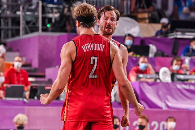Belgian Thibaut Vervoort and Belgian Thierry Marien celebrate after winning a Basket 3x3 game of the group stage (pool) between Belgium and The Netherlands on the fourth day of the Tokyo 2020 Olympic Games, Olympische Spiele, Olympia, OS in Tokyo, Japan on Monday 26 July 2021. The postponed 2020 Summer Olympics are taking place from 23 July to 8 August 2021. DIRKxWAEM  x3046961x