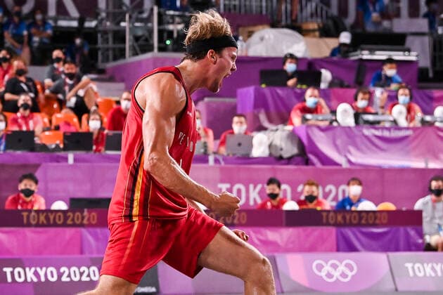 Belgian Thibaut Vervoort celebrates after winning a Basket 3x3 game of the group stage (pool) between Belgium and The Netherlands on the fourth day of the Tokyo 2020 Olympic Games, Olympische Spiele, Olympia, OS in Tokyo, Japan on Monday 26 July 2021. The postponed 2020 Summer Olympics are taking place from 23 July to 8 August 2021. DIRKxWAEM  x3046968x