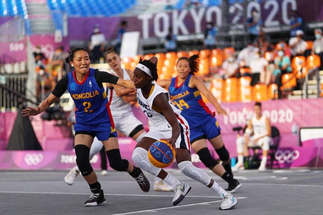 (L to R) Tserenlkham Munkhsaikhan (MGL), Mamignan Toure (FRA), JULY 26, 2021 - 3x3 Basketball : Women s Pool round match between France 22-18 Mongolia during the Tokyo 2020 Olympic Games, Olympische Spiele, Olympia, OS at the Aomi Urban Sports Park in Tokyo, Japan. Noxthirdxpartyxsales  (165512096)