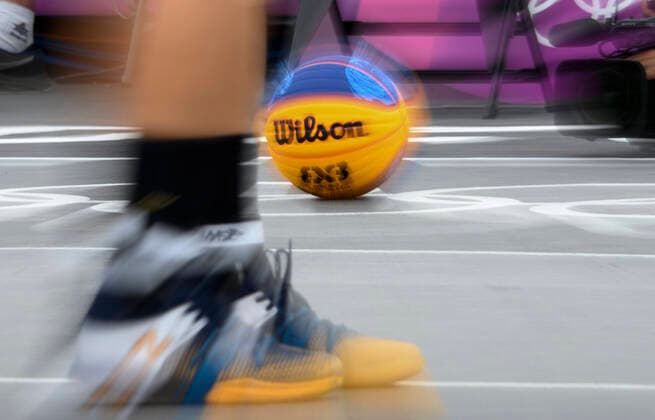 Basketball and shoes, blurred, feature, symbol photo, border motif, Romania ROU vs Russian Olympic Committee ROC 12 21 3 x 3 Womens Basketball, Women s Pool Round, Aomi Urban Sports Park 26 07 2021 Summer Olympics 2020, from 23 07 08 2021 in Tokyo Japan