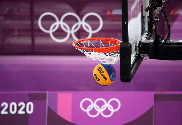 Ball in basket, Olympic rings behind it, feature, symbol photo, border motif, Latvia Latvia LAT vs Servia Serbia SRB 16 22 3 x 3 Mens Basketball, Men s Pool Round, Aomi Urban Sports Park 26 07 2021 Summer Olympics 2020, from 23 07 08 2021 in Tokyo Japan.