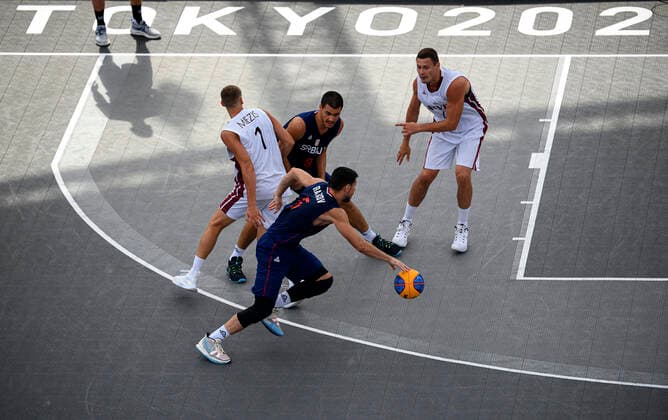 f l Nauris MIEZIS LAT , Dejan MAJSTOROVIC SRB , Mihailo VASIC SRB and Agnis CAVARS LAT , action, duel, overview, game scene, action, Latvia Latvia LAT vs Servien Serbia SRB 16 22 3 x 3 Men s Basketball, Men s Pool Round, Aomi Urban Sports Park 26 07 2021 Summer Olympics 2020, from 23 07 08 2021 in Tokyo Japan